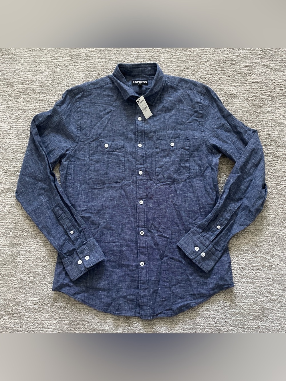 Express 1MX Fitted Blue Button Up Shirt Linen Cotton Blend Mens Medium 15-15 1/2